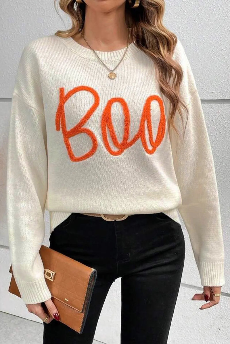 BOO Round Neck Long Sleeve Sweater - Maple Row Boutique 