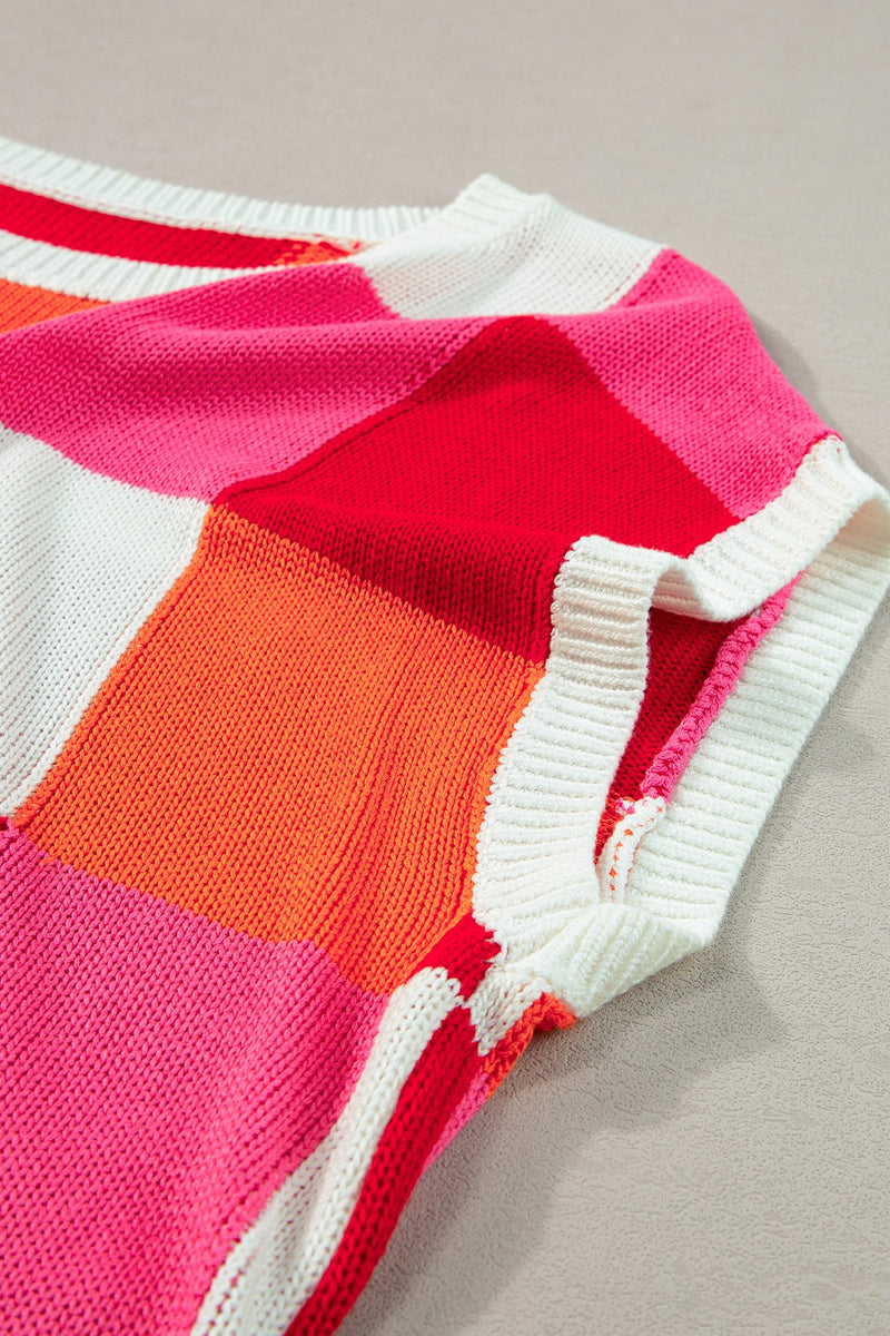 Color Block Round Neck Cap Sleeve Knit Top - Maple Row Boutique 