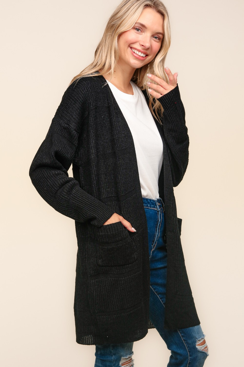 Stripe Textured Open Cardigan with Pockets in Black - Maple Row Boutique 