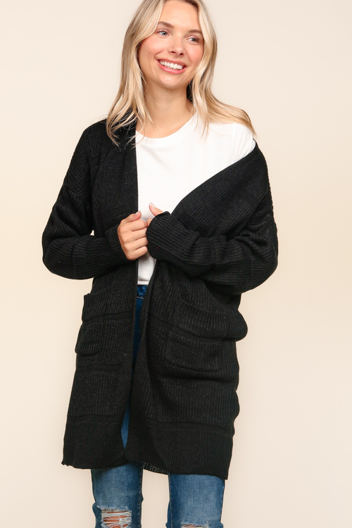 Stripe Textured Open Cardigan with Pockets in Black - Maple Row Boutique 