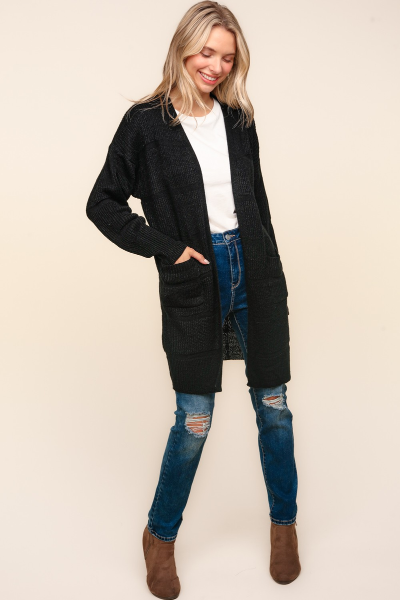 Stripe Textured Open Cardigan with Pockets in Black - Maple Row Boutique 