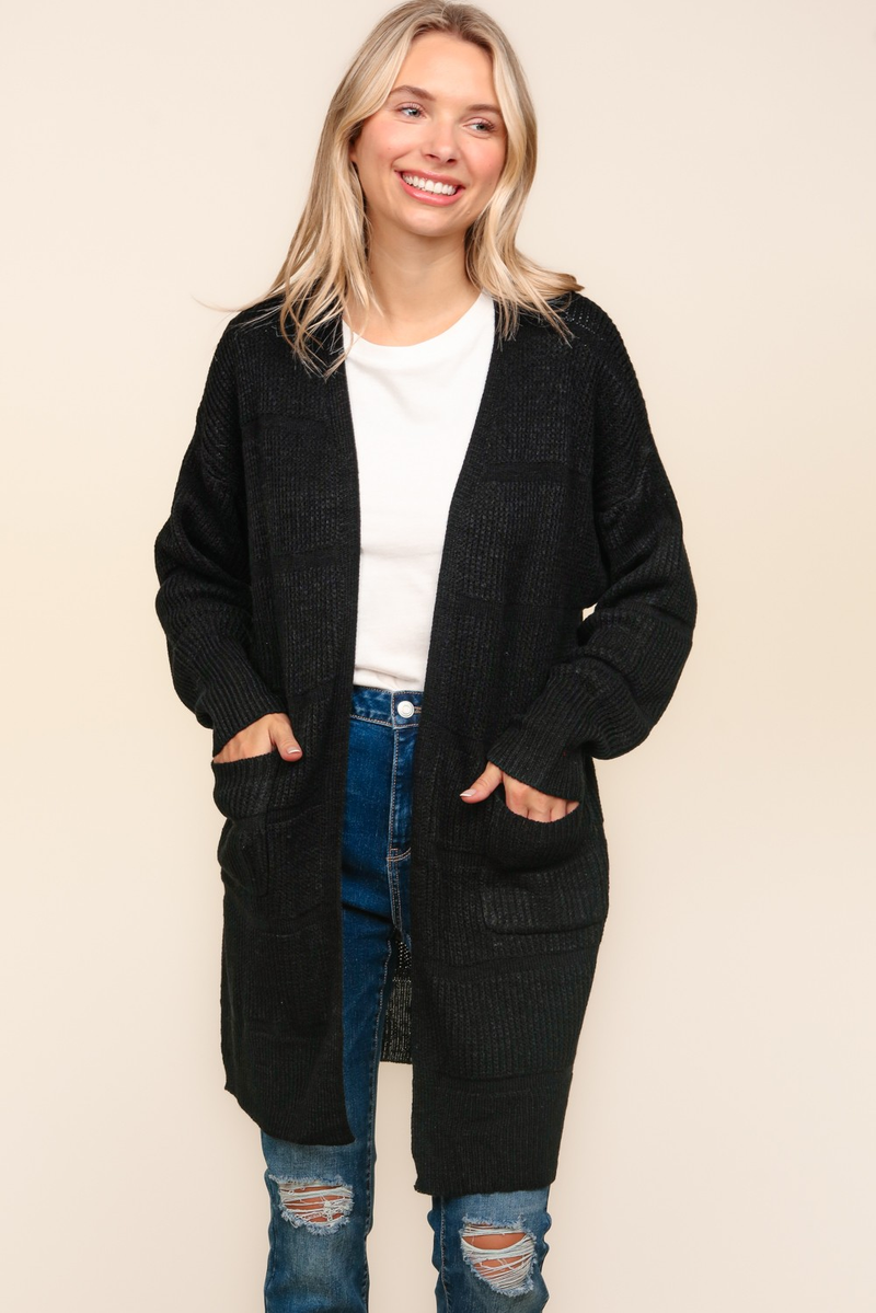 Stripe Textured Open Cardigan with Pockets in Black - Maple Row Boutique 