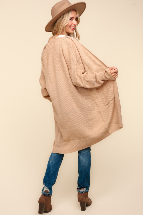 Stripe Textured Open Cardigan with Pockets in Taupe - Maple Row Boutique 
