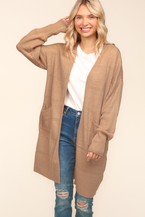 Stripe Textured Open Cardigan with Pockets in Taupe - Maple Row Boutique 