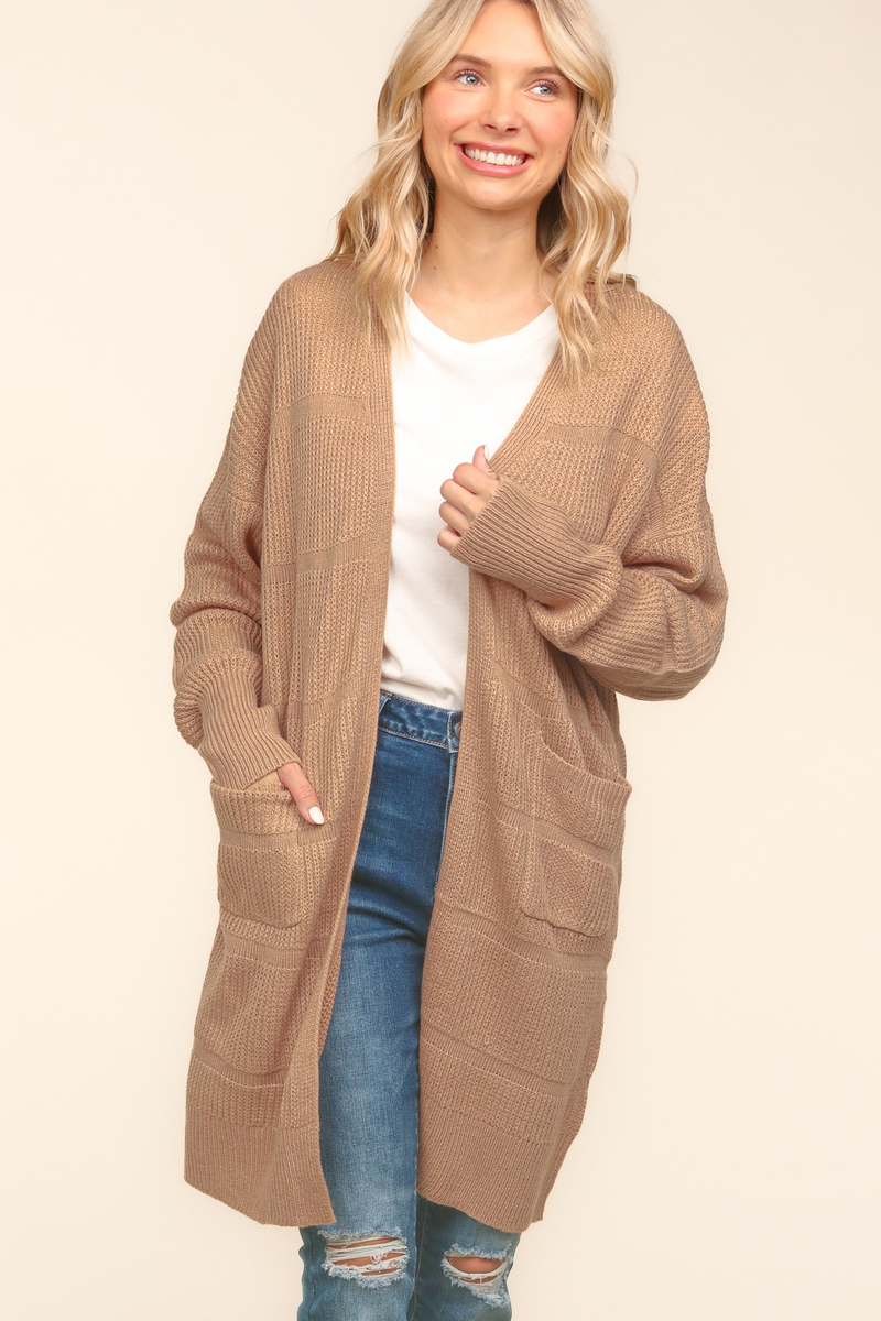 Stripe Textured Open Cardigan with Pockets in Taupe - Maple Row Boutique 