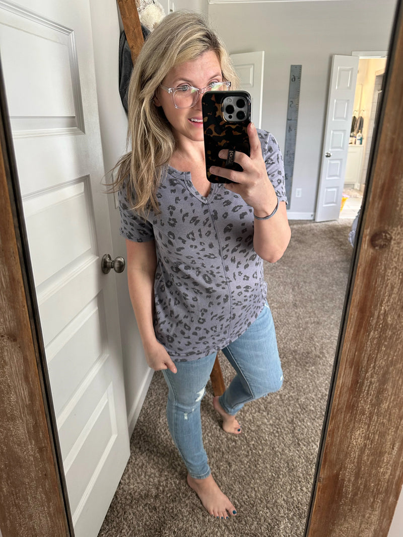 Cheetah Print V Neck Top In Heathered Purple - Maple Row Boutique 