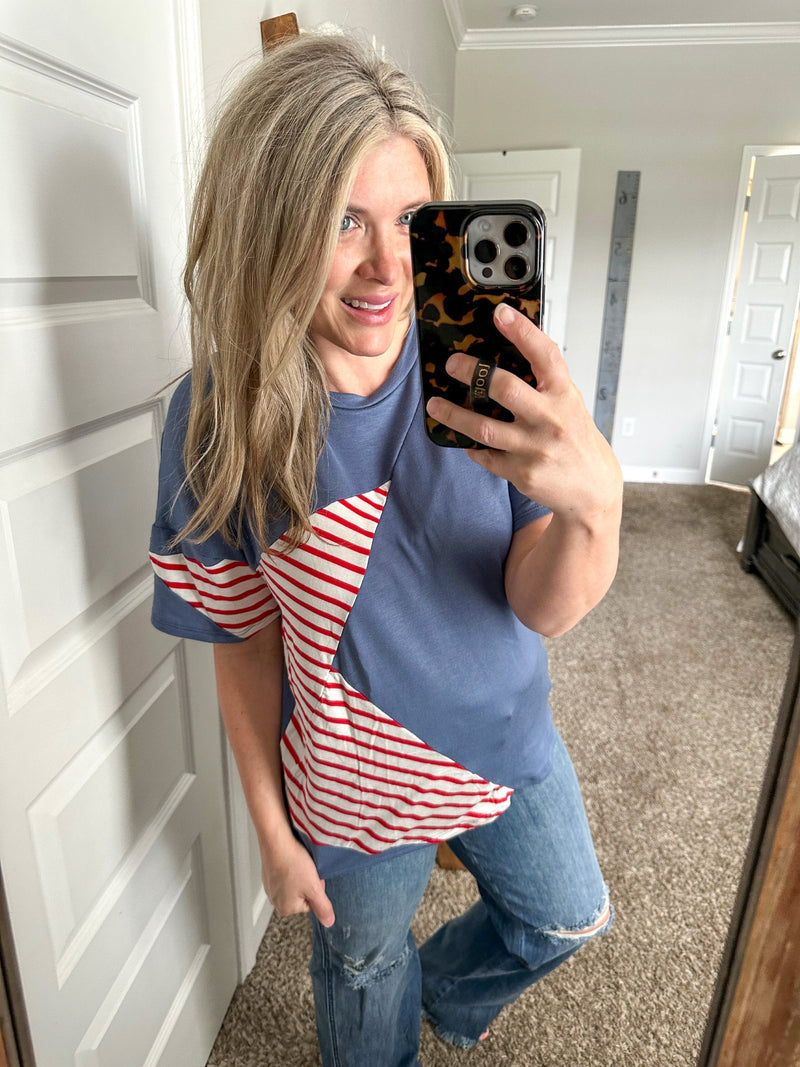 Star Patch Tee With Patriotic Stripes - Maple Row Boutique 
