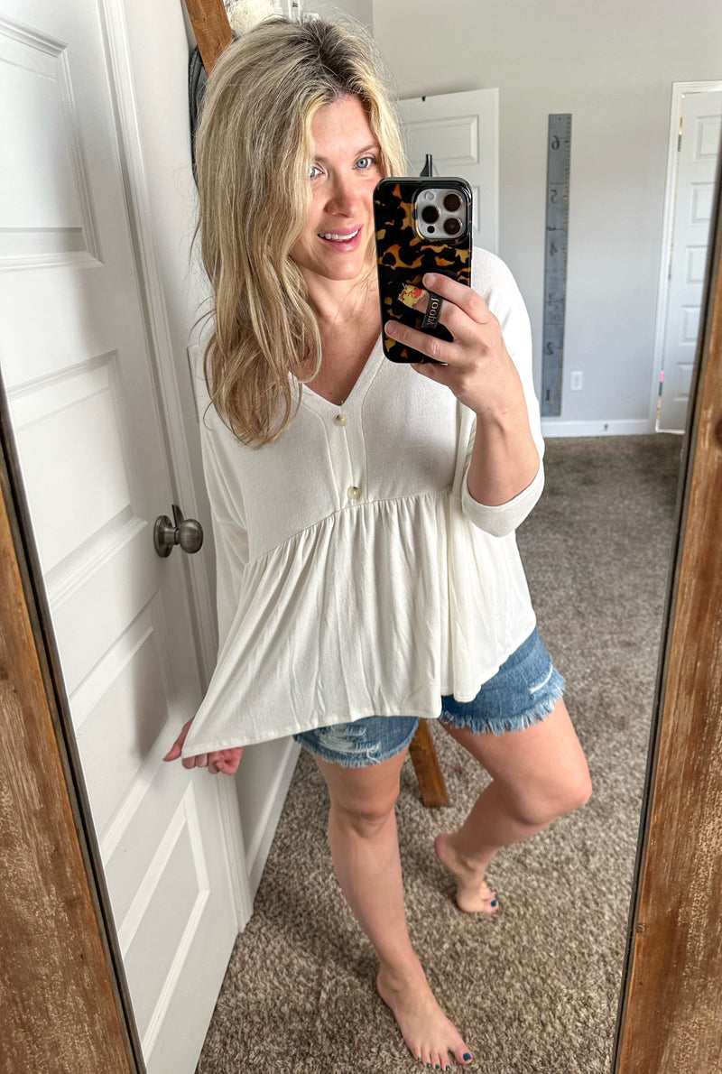 Decorative Button Baby Doll Sweater Top In Ivory - Maple Row Boutique 