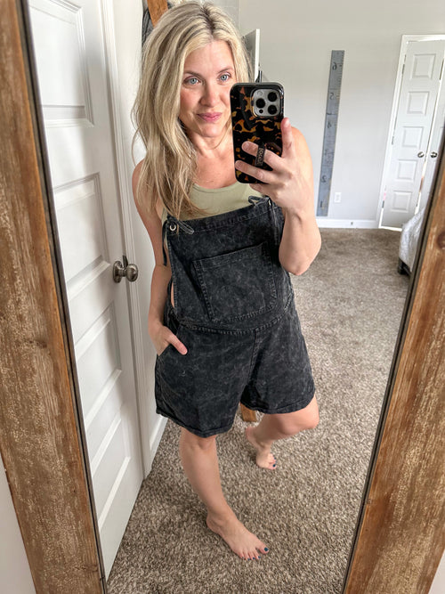 Tie Shoulder Overalls In Washed Black - Maple Row Boutique 