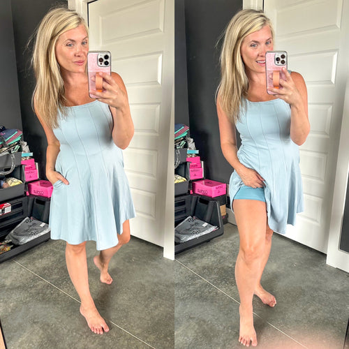 Fit & Flare Dress With Attached Shorts In Baby Blue - Maple Row Boutique 