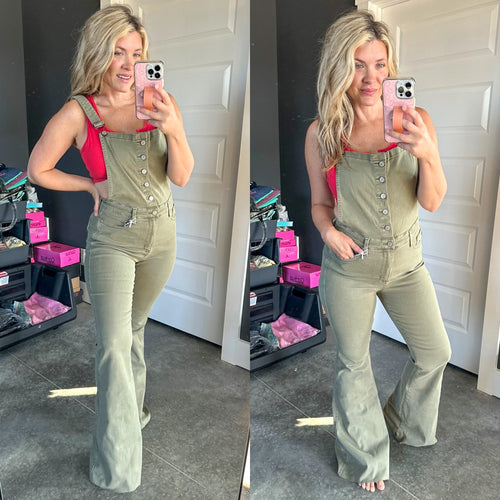 Olivia Control Top Release Hem Overalls in Olive - Maple Row Boutique 