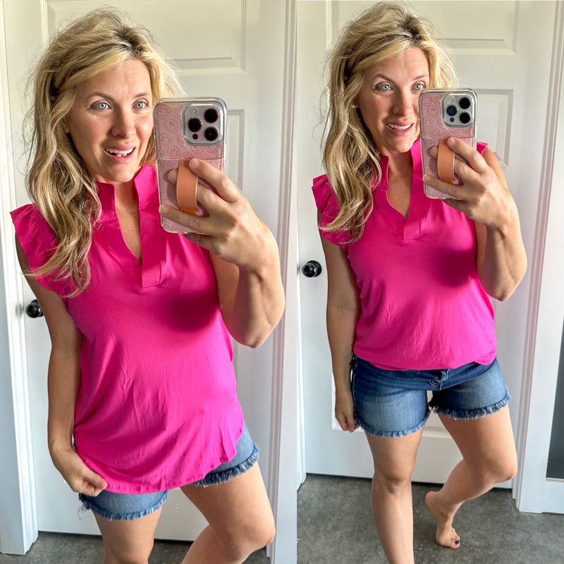 Gabby Flutter Sleeve Top In Hot Pink - Maple Row Boutique 