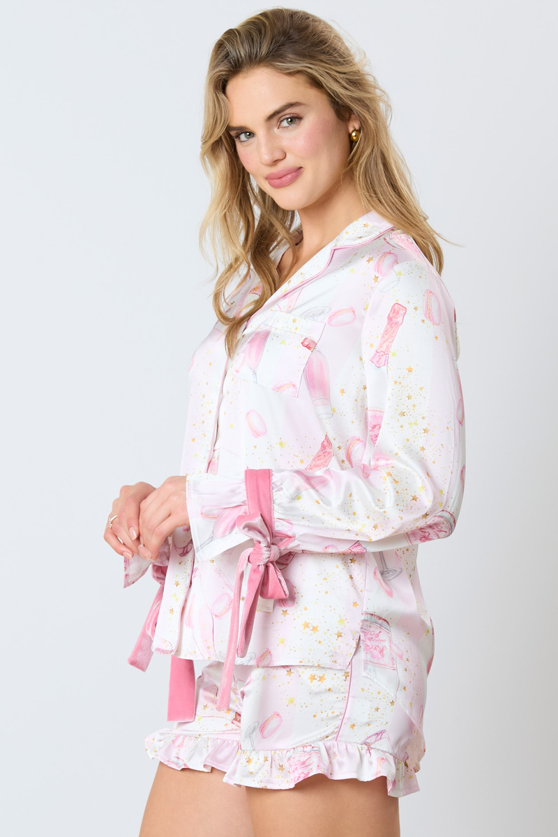 Satin Champagne Long Sleeve Pajama Top - Maple Row Boutique