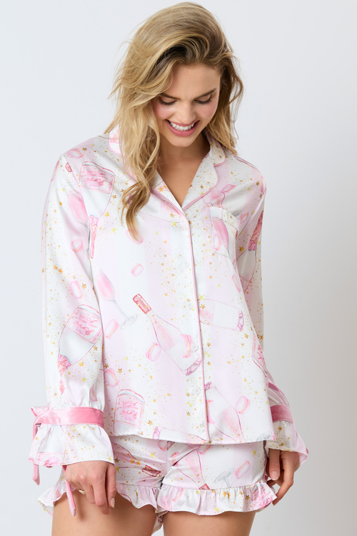 Satin Champagne Long Sleeve Pajama Top - Maple Row Boutique