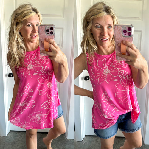 Floral Sketch Sleeveless Tunic Top In Bright Pink - Maple Row Boutique 