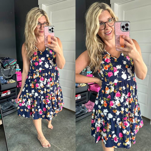 V Neck Tiered Sleeveless Dress In Navy Florals - Maple Row Boutique 