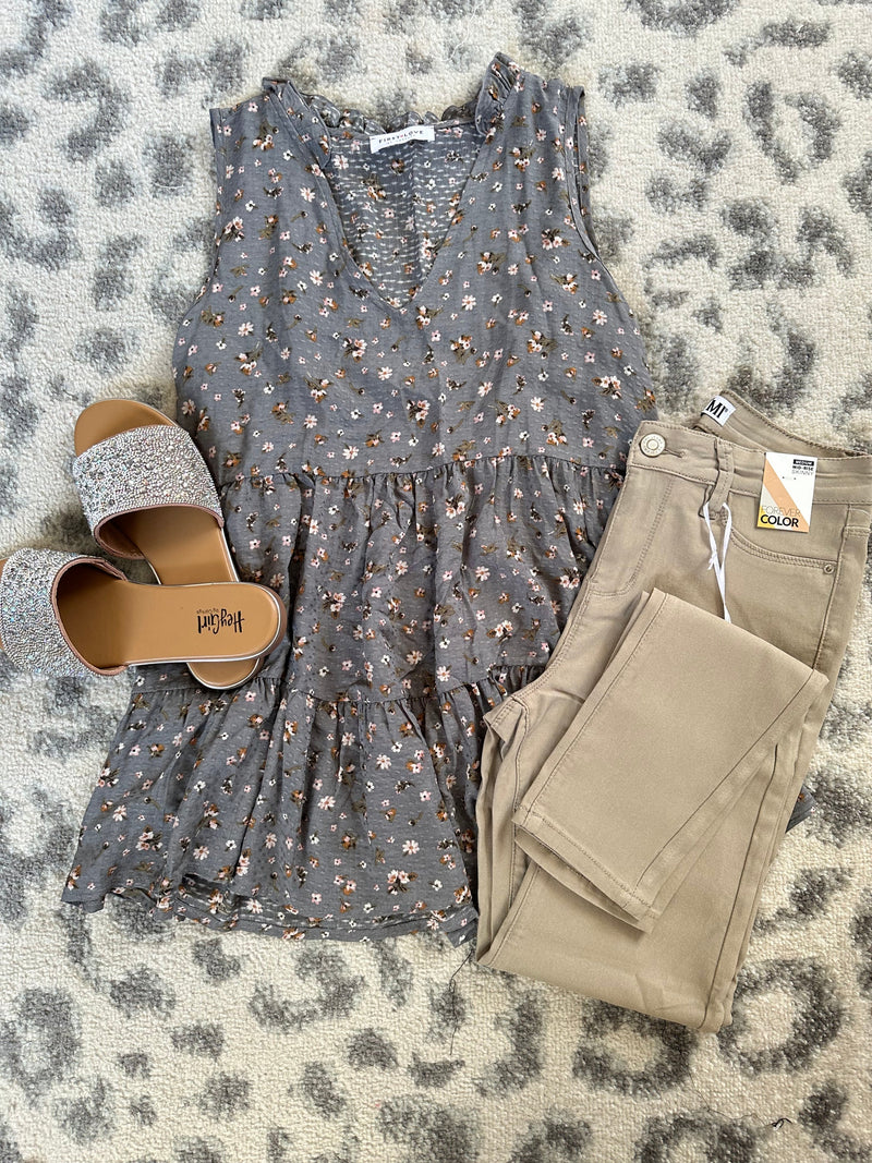 Slate Floral Sleeveless Babydoll Blouse Top - Maple Row Boutique 