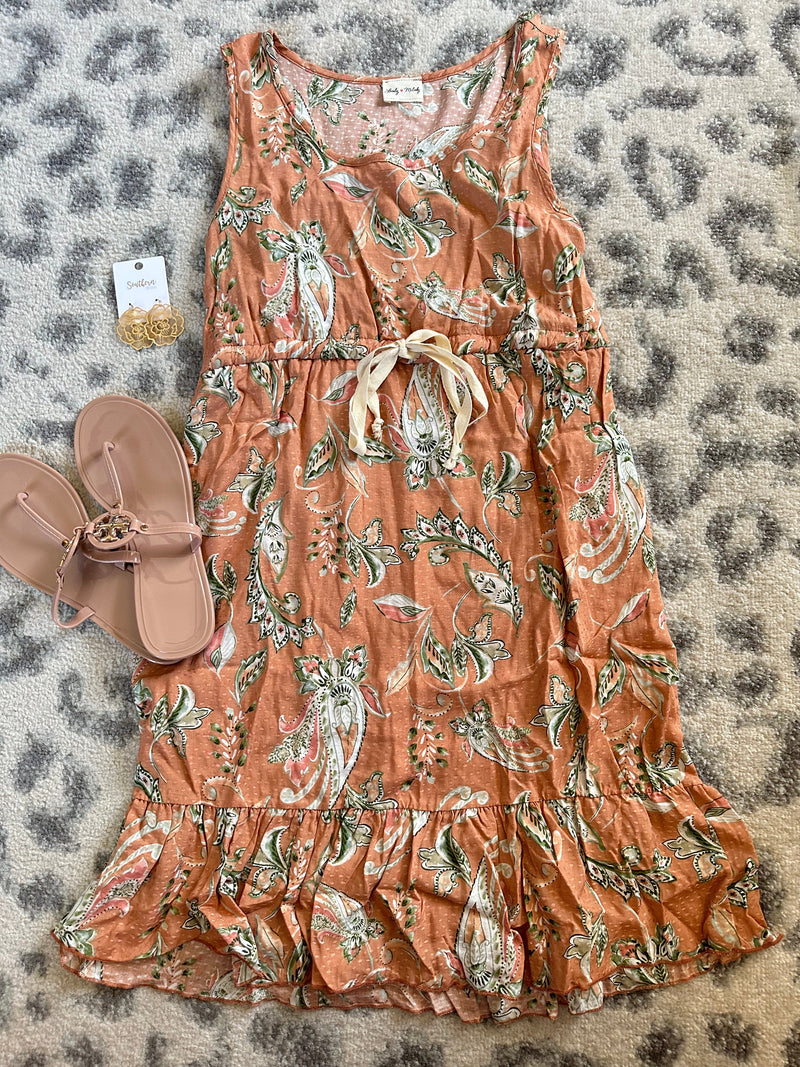 Swiss Dot Dress In Peach Paisley - Maple Row Boutique 
