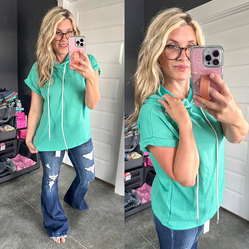 French Terry Short Sleeve Hoodie In Jade - Maple Row Boutique 
