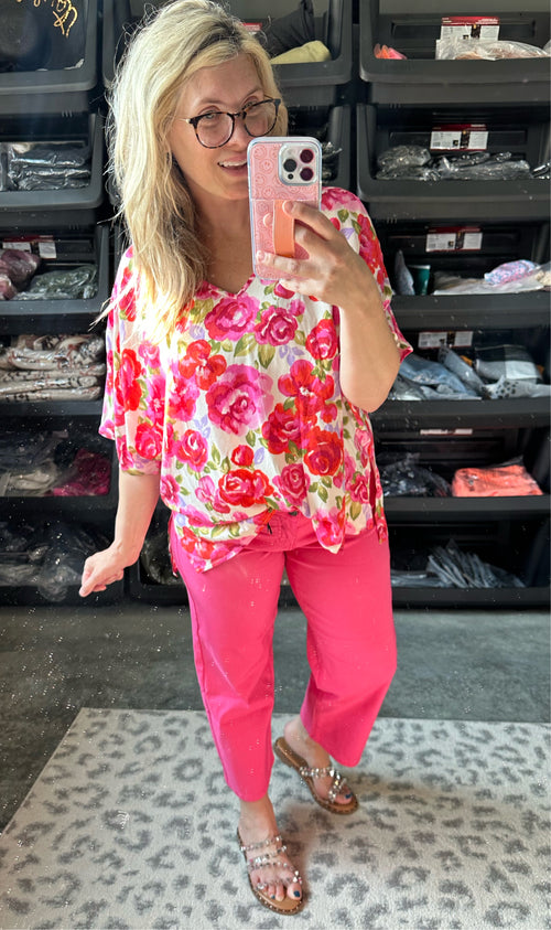 Floral V Neck Blouse In Pink Florals - Maple Row Boutique 