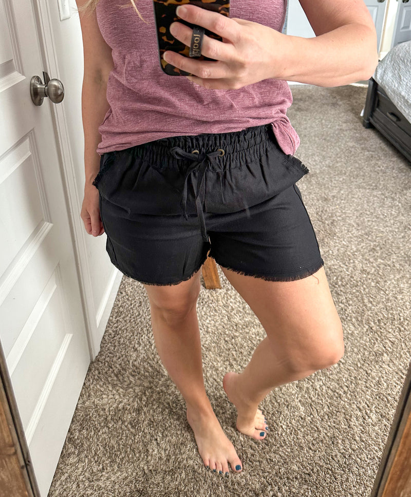 Summer Blend Drawstring Shorts In Black - Maple Row Boutique 