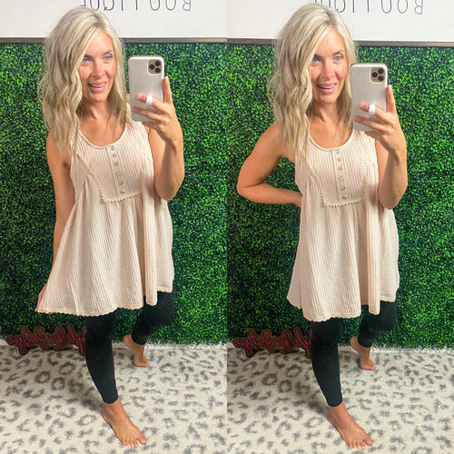 Babydoll Button Front Tank In Hazel - Maple Row Boutique 