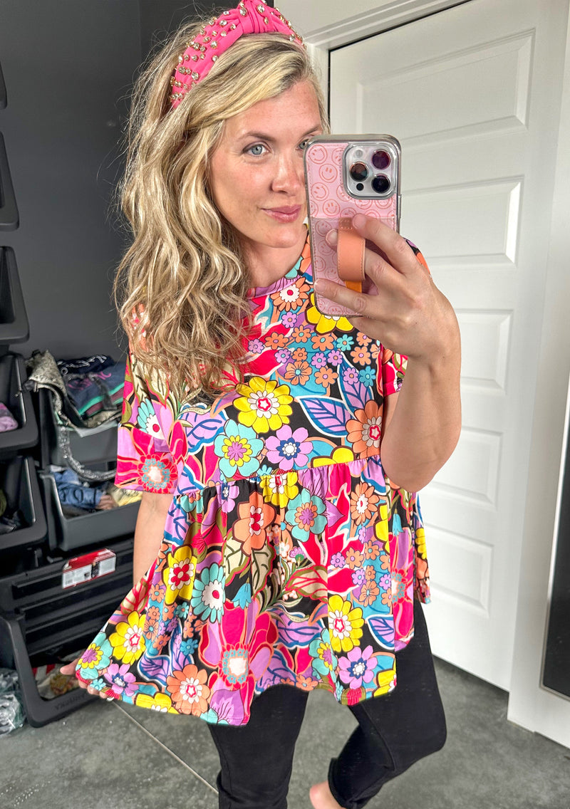Groovy Print Short Sleeve Babydoll Top - Maple Row Boutique 