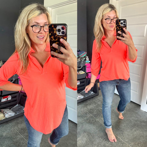 Button Sleeve Detail Gabby Top In Neon Coral - Maple Row Boutique 