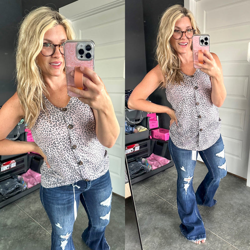 Faux Button Front Sleeveless Top In Mocha Animal Print - Maple Row Boutique 