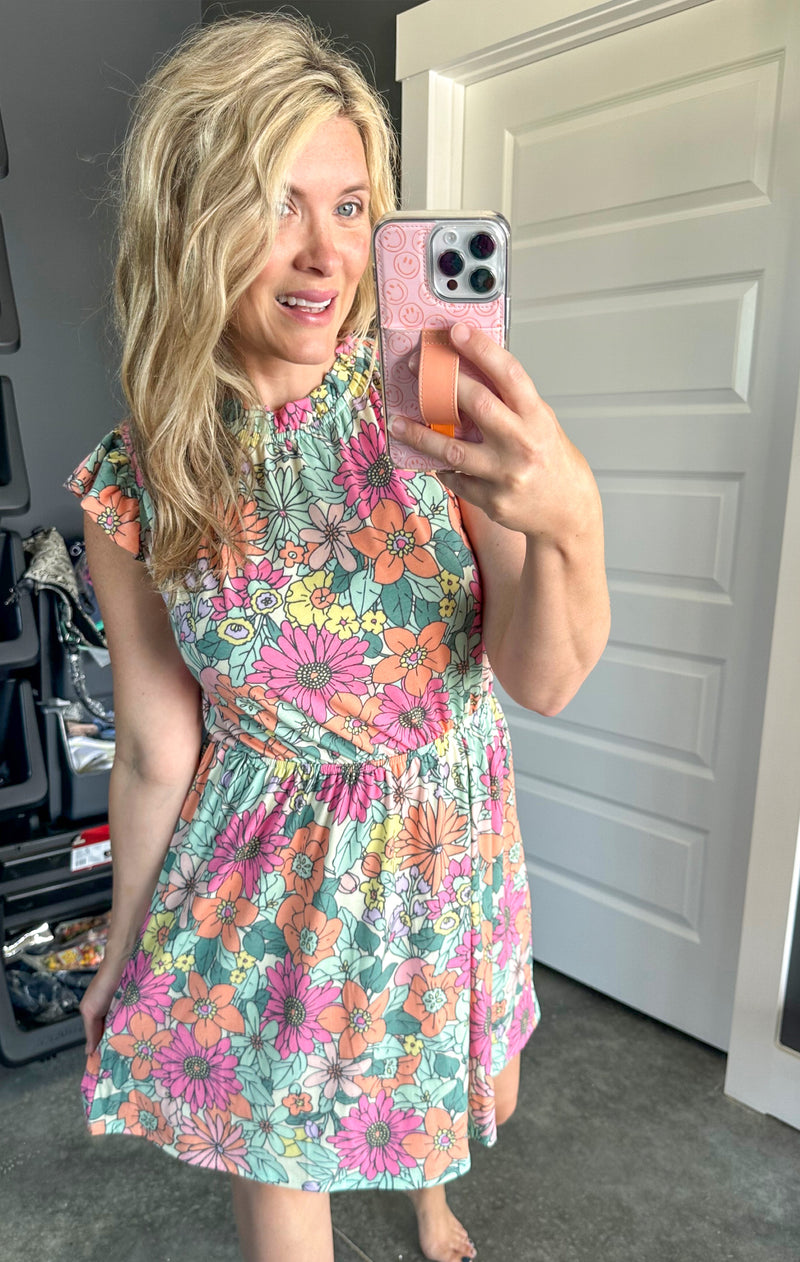 Flutter Sleeve Dress In Cabbage Patch Florals - Maple Row Boutique 