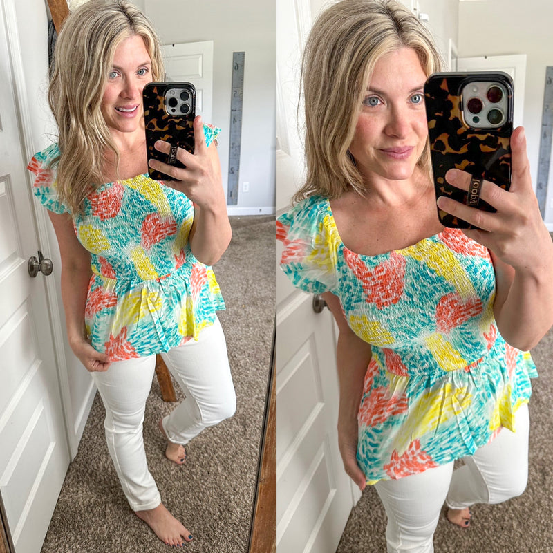Emily Wonder Smocked Peplum Top In Bright Neon - Maple Row Boutique 