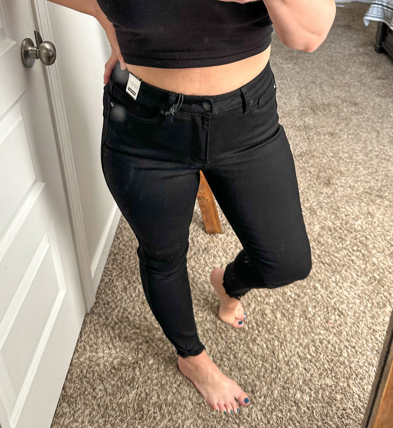Distressed Hem Black Tummy Control Skinny Judy Blue Jeans - Maple Row Boutique 