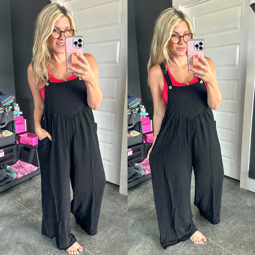 Shirring Detail Overalls In Black - Maple Row Boutique 