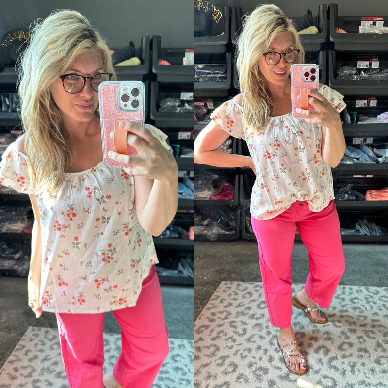 Ivory Floral Flutter Sleeve Blouse - Maple Row Boutique 