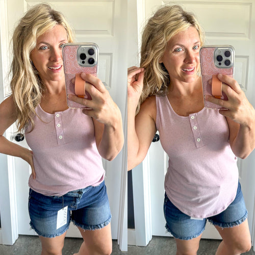 Button Front Henley Sleeveless Top In Heathered Lilac - Maple Row Boutique 