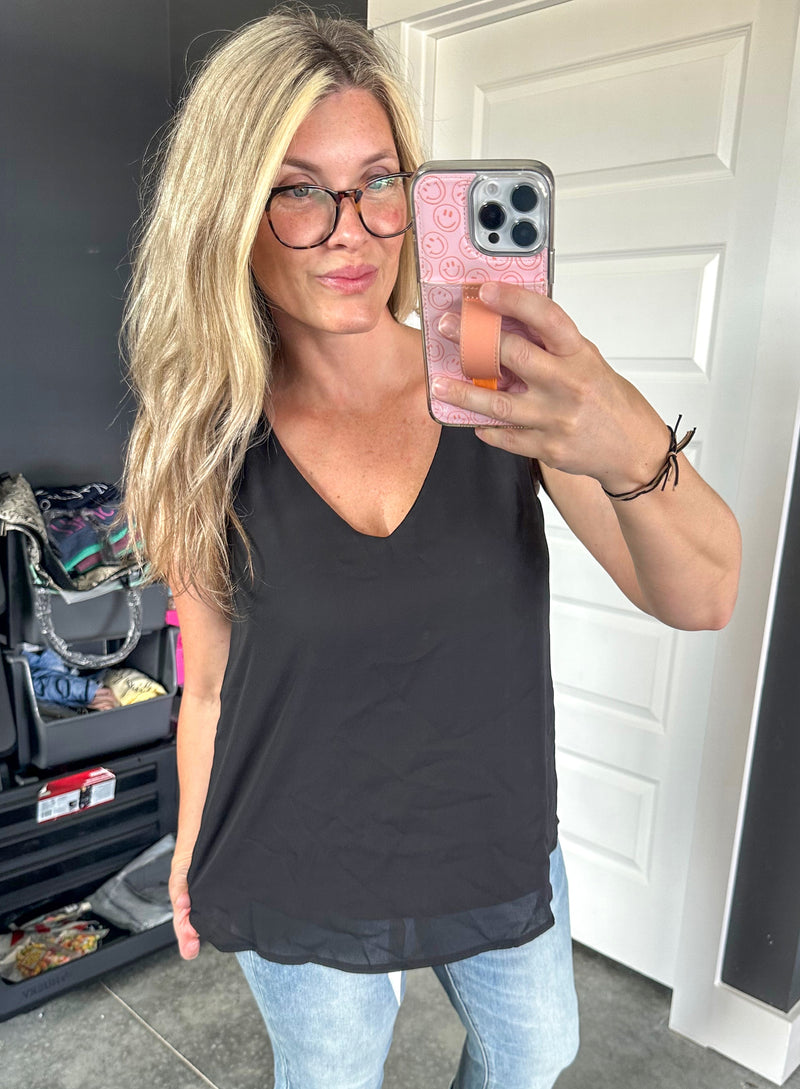 Flowy V Neck Sleeveless Blouse In Dressy Black - Maple Row Boutique 