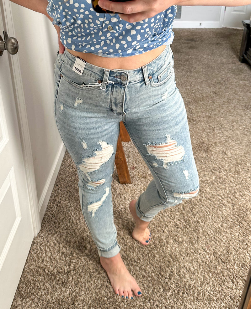 Tummy Control Summer Distressed Light Wash Judy Blue Jeans - Maple Row Boutique 
