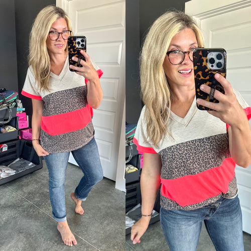 Color Block Top In Neon & Animal Print - Maple Row Boutique 