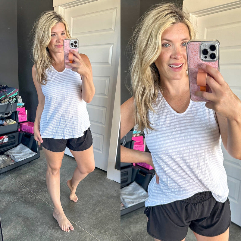 Sleeveless Top In Textured White Subtle Stripes - Maple Row Boutique 