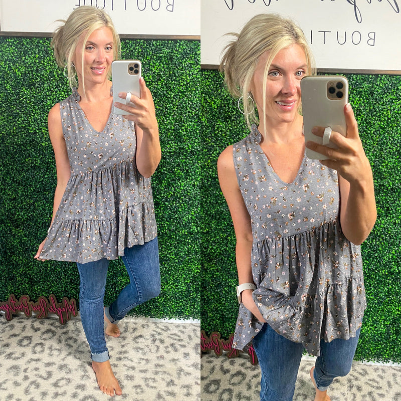 Slate Floral Sleeveless Babydoll Blouse Top - Maple Row Boutique 