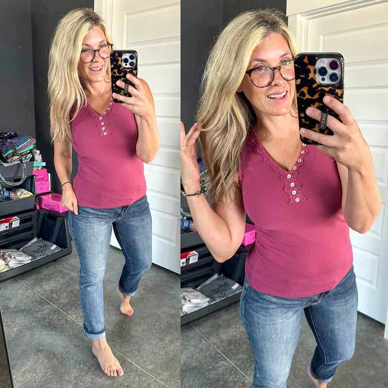 Sleeveless Top With Lace and Button Detail In Dark Raspberry - Maple Row Boutique 