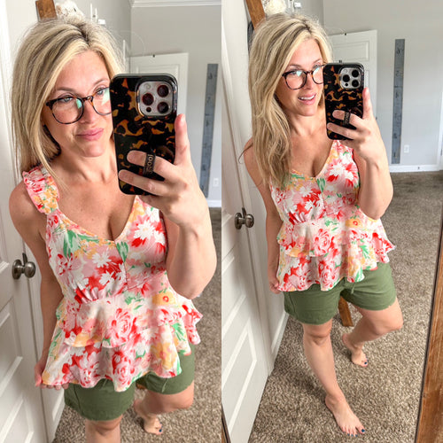 Layered, Tiered V Neck Sleeveless Top In Pink Florals - Maple Row Boutique 