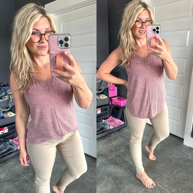 Casual Sleeveless Top In Burgundy Stripes - Maple Row Boutique 