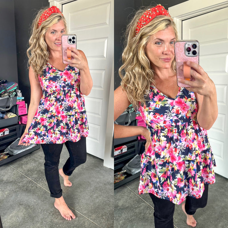 Navy Tiered Floral V Neck Top - Maple Row Boutique 
