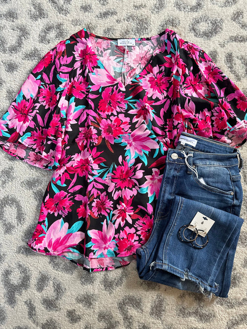 Black & Magenta Floral Angel Sleeve Blouse - Maple Row Boutique 