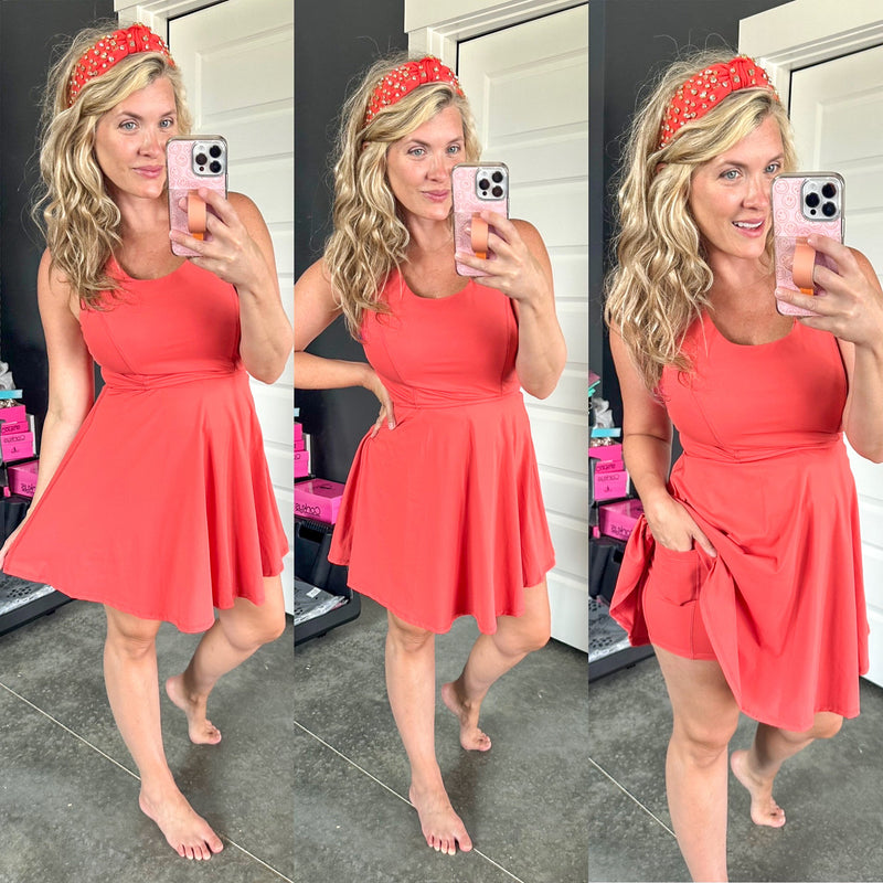 High Support Tennis Dress With Attached Shorts In Coral - Maple Row Boutique 