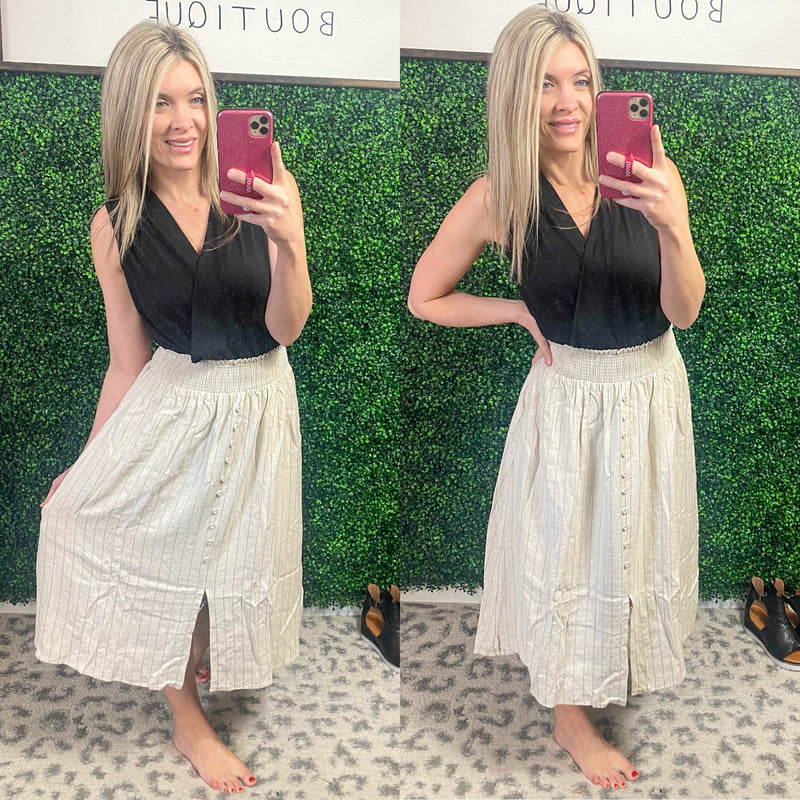 Midi Striped Skirt In Oatmeal - Maple Row Boutique 