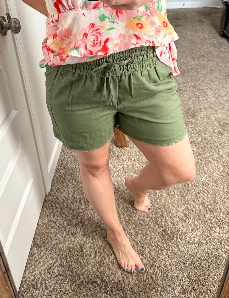 Summer Blend Drawstring Shorts In Olive - Maple Row Boutique 