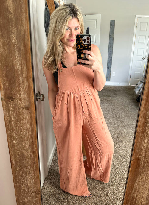Shirring Detail Overalls In Mauve Blush - Maple Row Boutique 