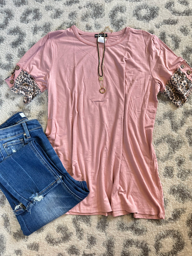 Button Sleeve Top In Dusty Light Pink Animal Print - Maple Row Boutique 